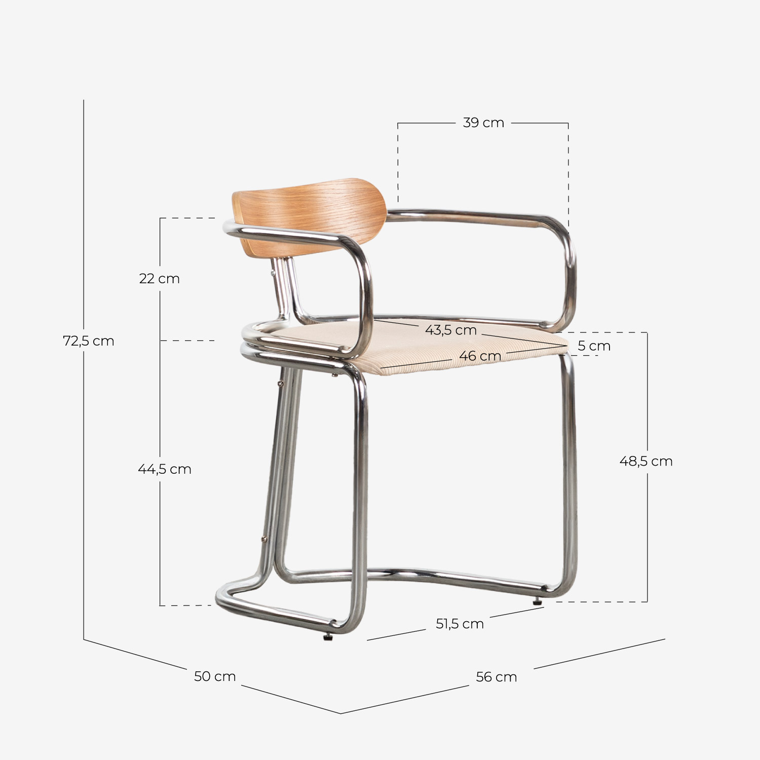 Packung mit 2 Esszimmerstühlen mit Armlehnen aus Dickem Cord und Teba-Holz, Maße