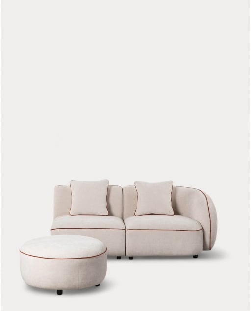 Modulares zweiteiliges Ecksofa mit Ilham-Stoffsessel und Puff - Beige Seashell