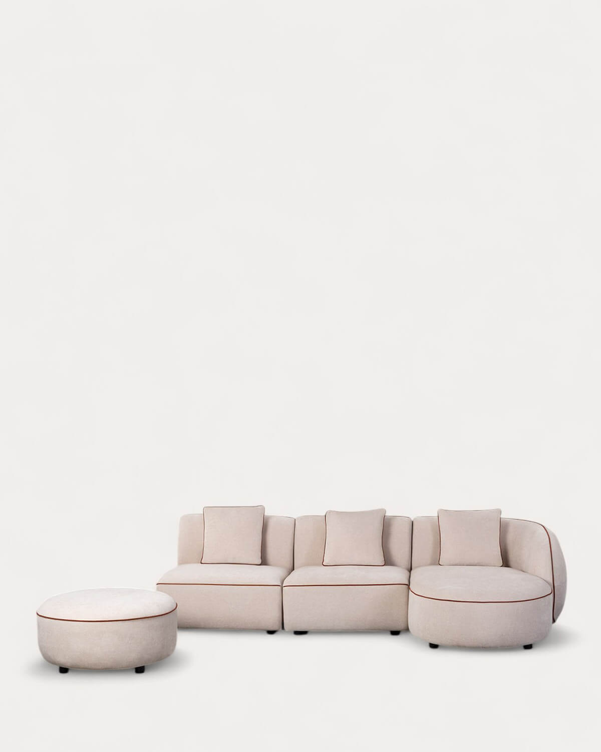 Modulares 3-teiliges Chaiselongue-Sofa mit 2 Sesseln und rundem Ilham-Stoffhocker, Galeriebild 1