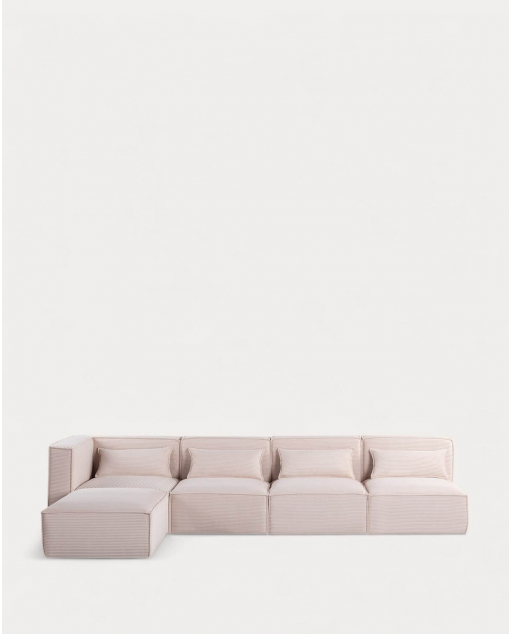 Modulares 4-teiliges Sofa mit 3 Sesseln und dickem Kord-Pouf Kilhe - Grober Kord -Beige Seashell