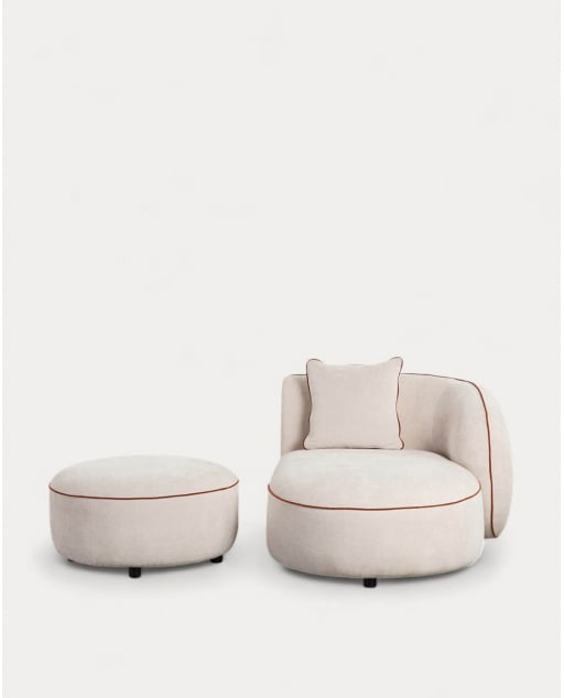 Runde Chaiselongue aus Ilham-Stoff mit Puff - Beige Seashell