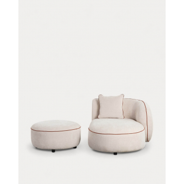 Runde Chaiselongue aus Ilham-Stoff mit Puff Beige Seashell & Chaiselongue rechts - The Masie