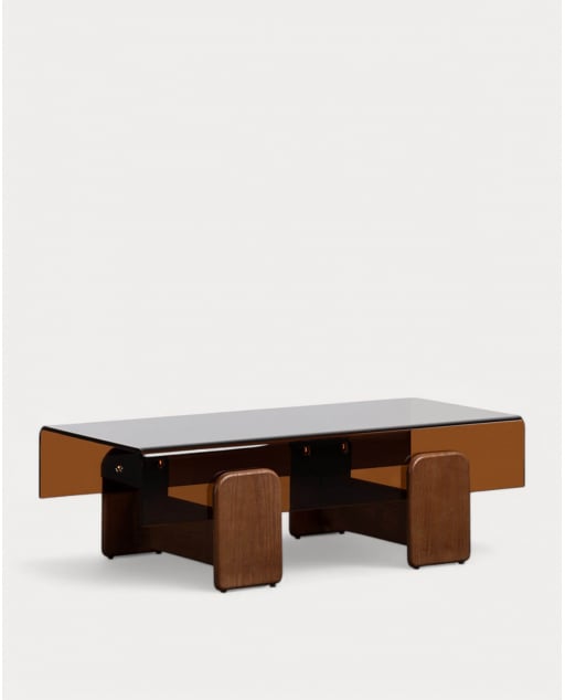 Rechteckiger Couchtisch aus Gebogenem Glas und Holz (120x60 cm) Clery