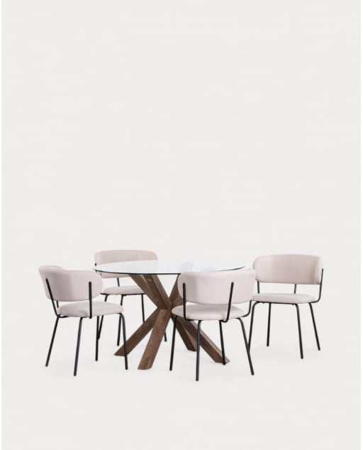 Set aus rundem Glas-Esstisch (Ø120 cm) Vuoto und 4 Stoffstühlen Bons