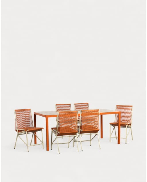 Rechteckiges Esstisch-Set mit Keramik (181x93 cm) Saphir und 6 Rattan- und Metallstühlen Amur