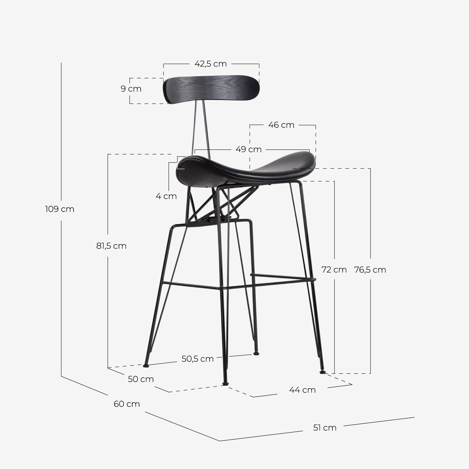 Pack Sie 4 Hohe Hocker aus Kunstleder und Holz (76 cm) Brunela, Maße