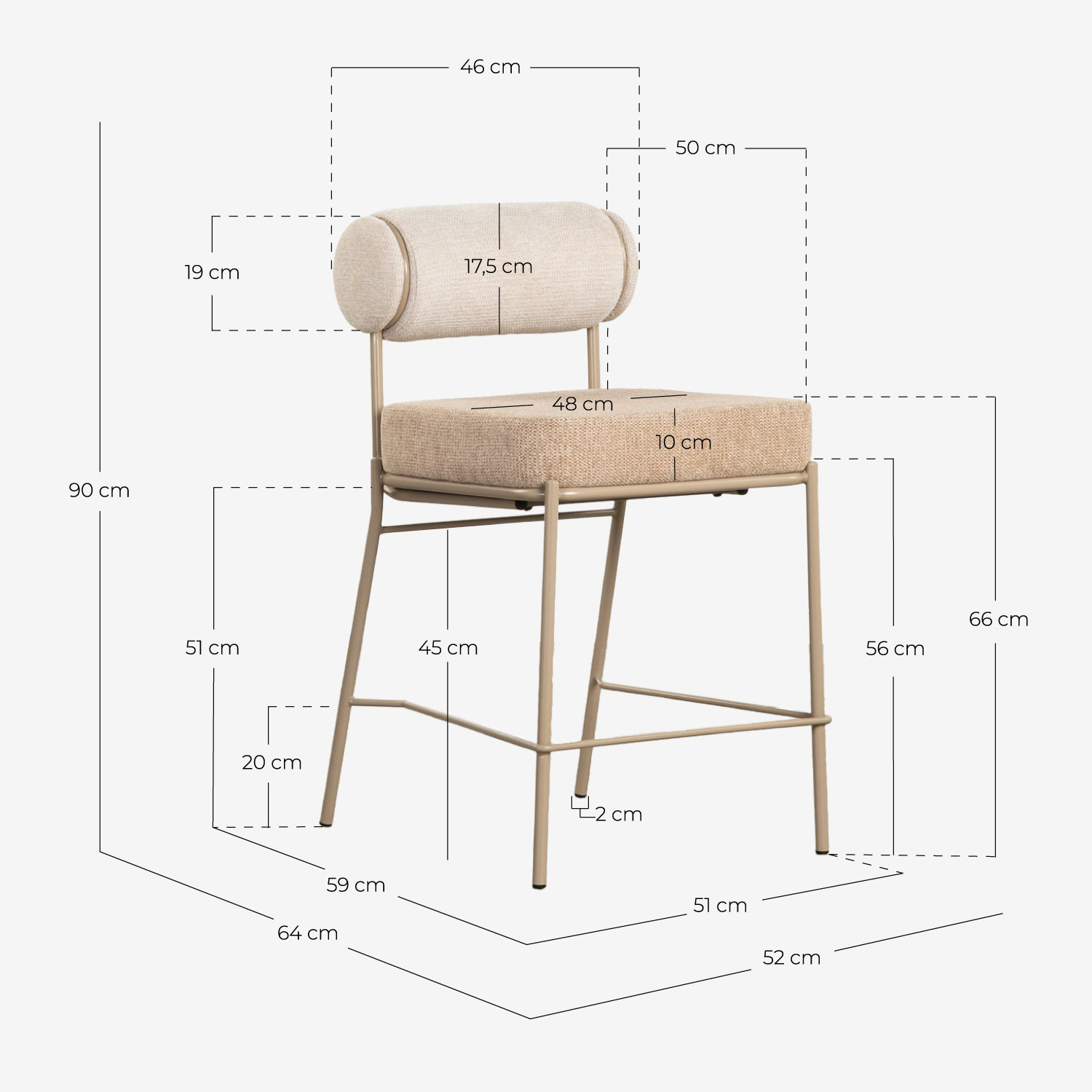 4er-Pack Barhocker aus Stoff und Metall (65 cm) Elin Soft, Ma&szlig;e