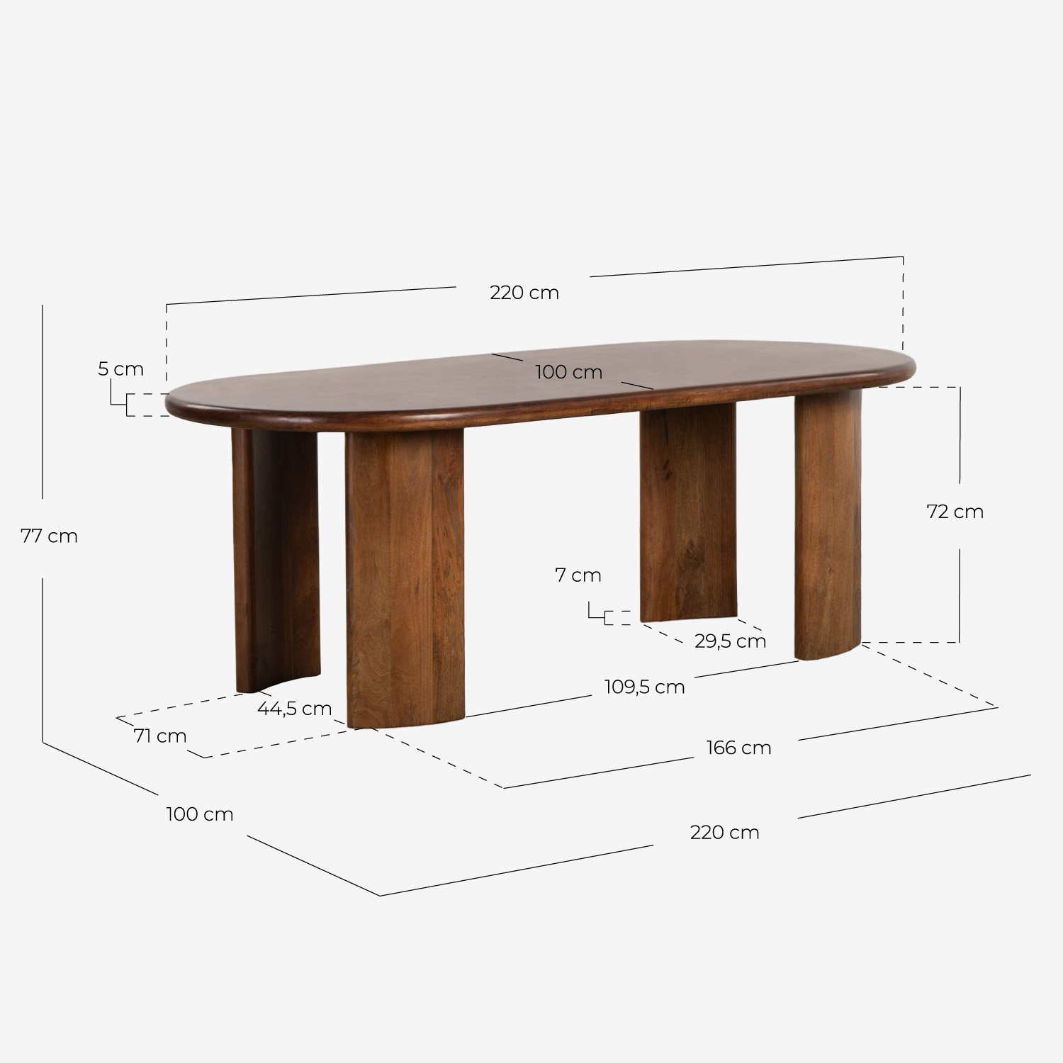 Ovaler Esstisch aus Mangoholz (220x100 cm) Leno, Maße