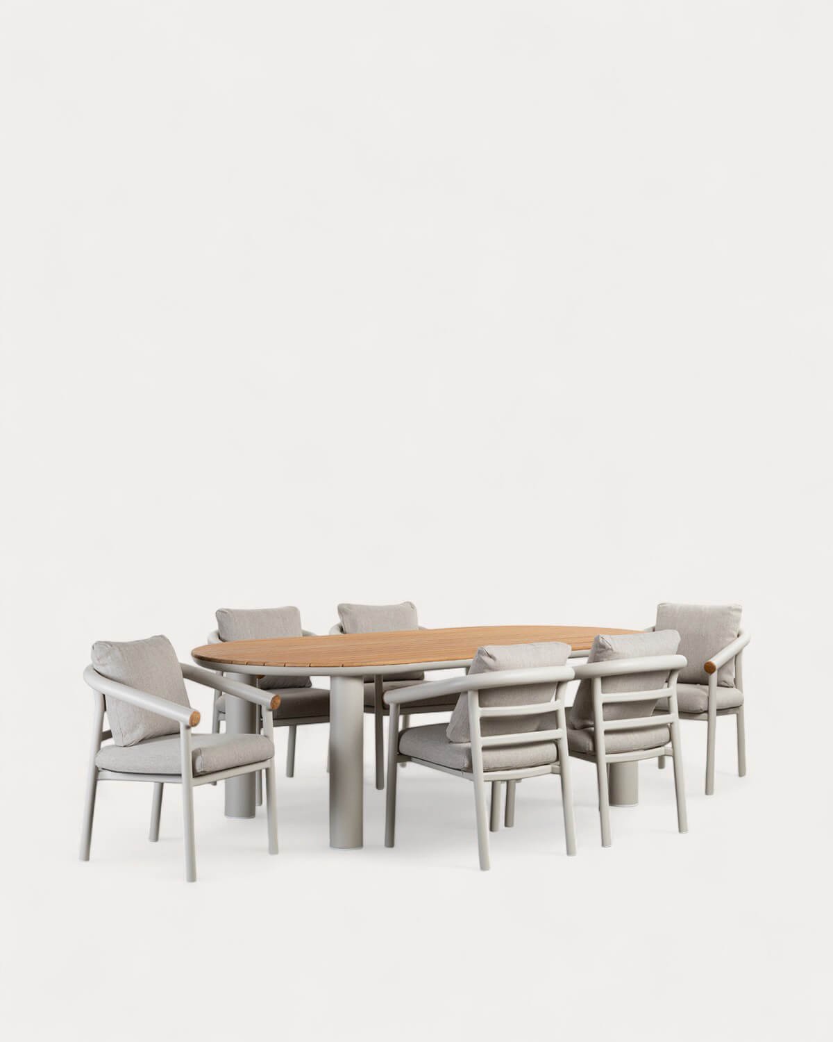 Ovales Tischset Cheryl (240 x 120 cm) und 6 Outdoor-Stühle aus Aluminium und Teakholz, Galeriebild 1