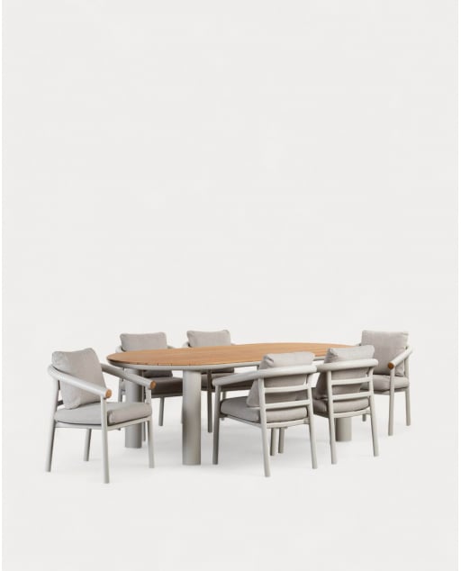 Ovales Tischset Cheryl (240 x 120 cm) und 6 Outdoor-Stühle aus Aluminium und Teakholz