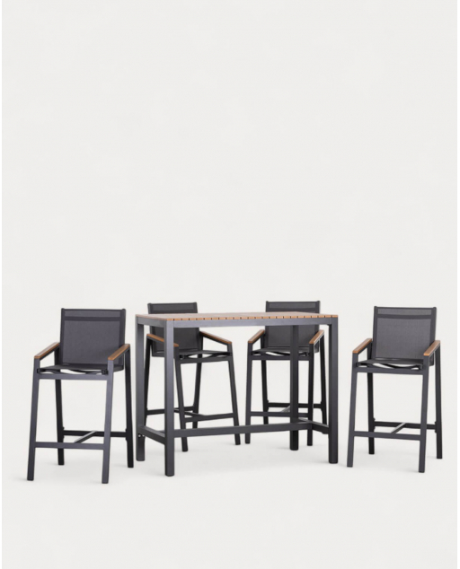 Set aus Stehtisch und (130x70 cm) 4 hohen Aluminiumhockern für den Außenbereich Korce
