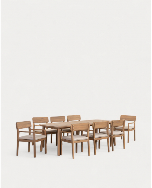 Rechteckiges Tischset (240x100 cm) und 8 Akazienholzstühle mit Armlehnen für den Außenbereich Mirla - Beige Seashell