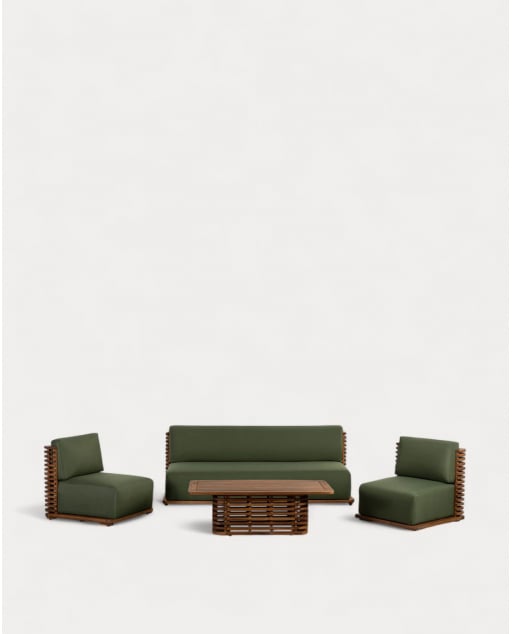 Gartenset mit 3-Sitzer-Sofa, 2 Sesseln und Couchtisch aus Akazienholz und Stoff Hazan