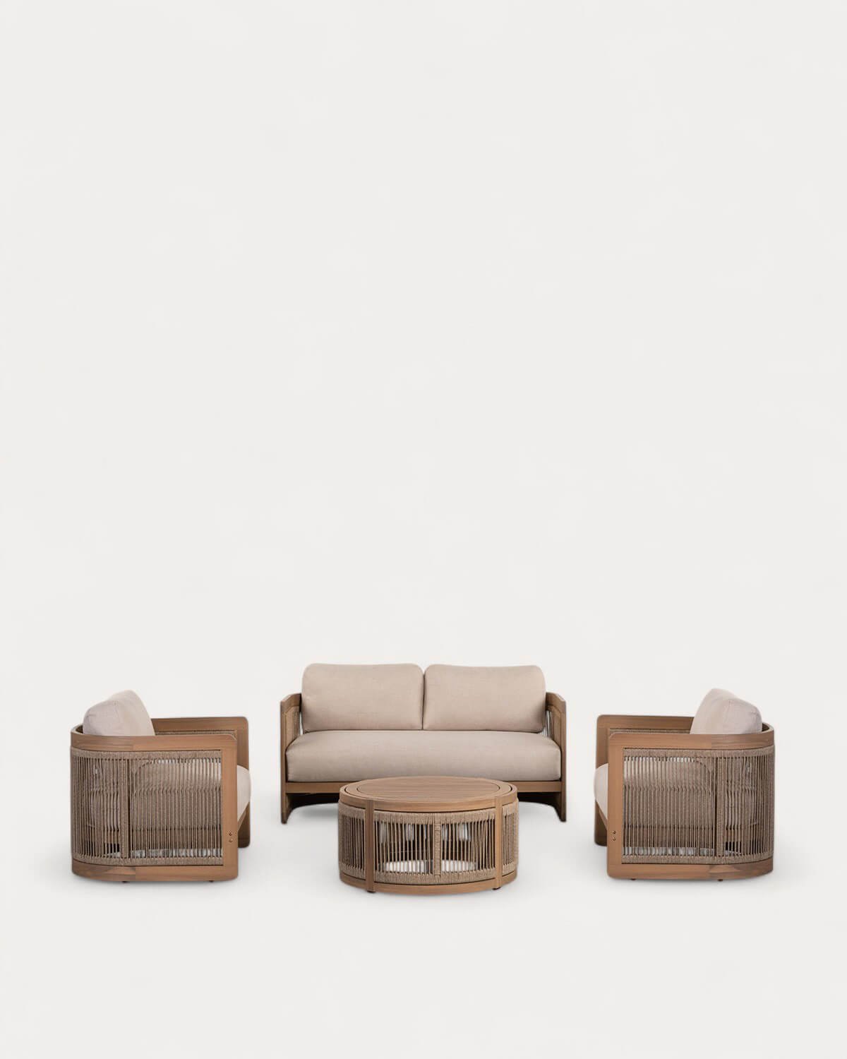 Gartenset mit 2-Sitzer-Sofa, 2 Sesseln und Couchtisch aus Akazienholz und Rope Mares, Galeriebild 1