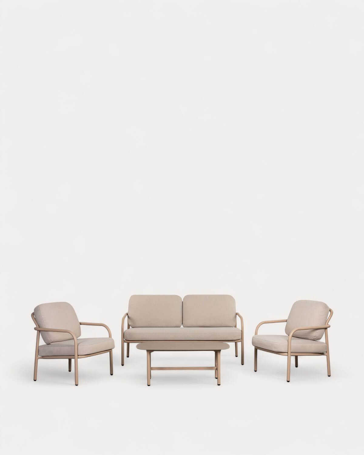 Gartenset mit 2-Sitzer-Sofa, 2 Sesseln und Couchtisch aus Metall und Aleina-Stoff, Galeriebild 1