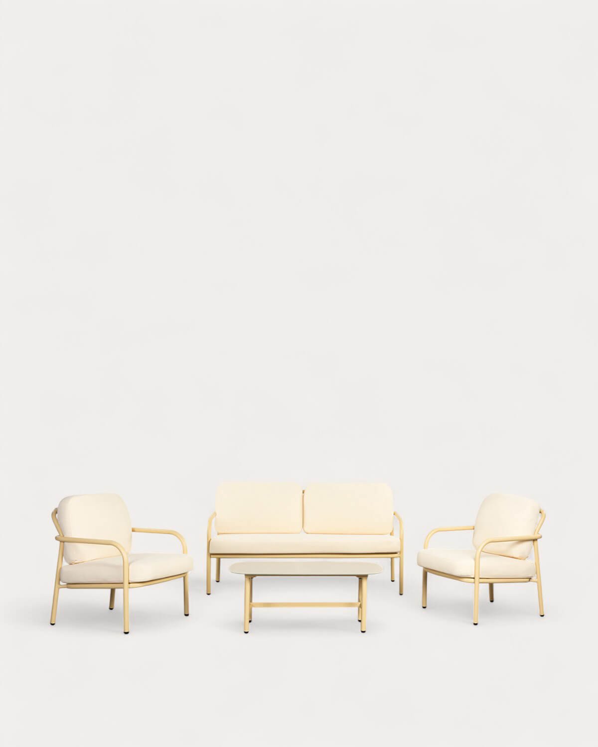 Gartenset mit 2-Sitzer-Sofa, 2 Sesseln und Couchtisch aus Metall und Aleina-Stoff, Galeriebild 1