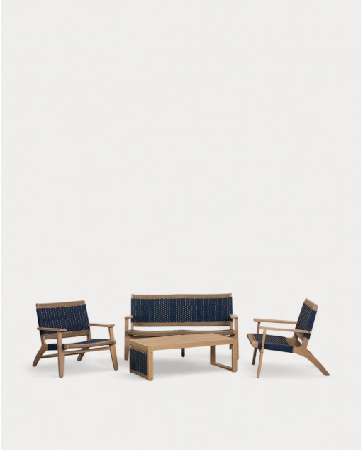 Gartenset mit 2-Sitzer-Sofa, 2 Sesseln und Couchtisch aus Akazienholz und Mirle Rope