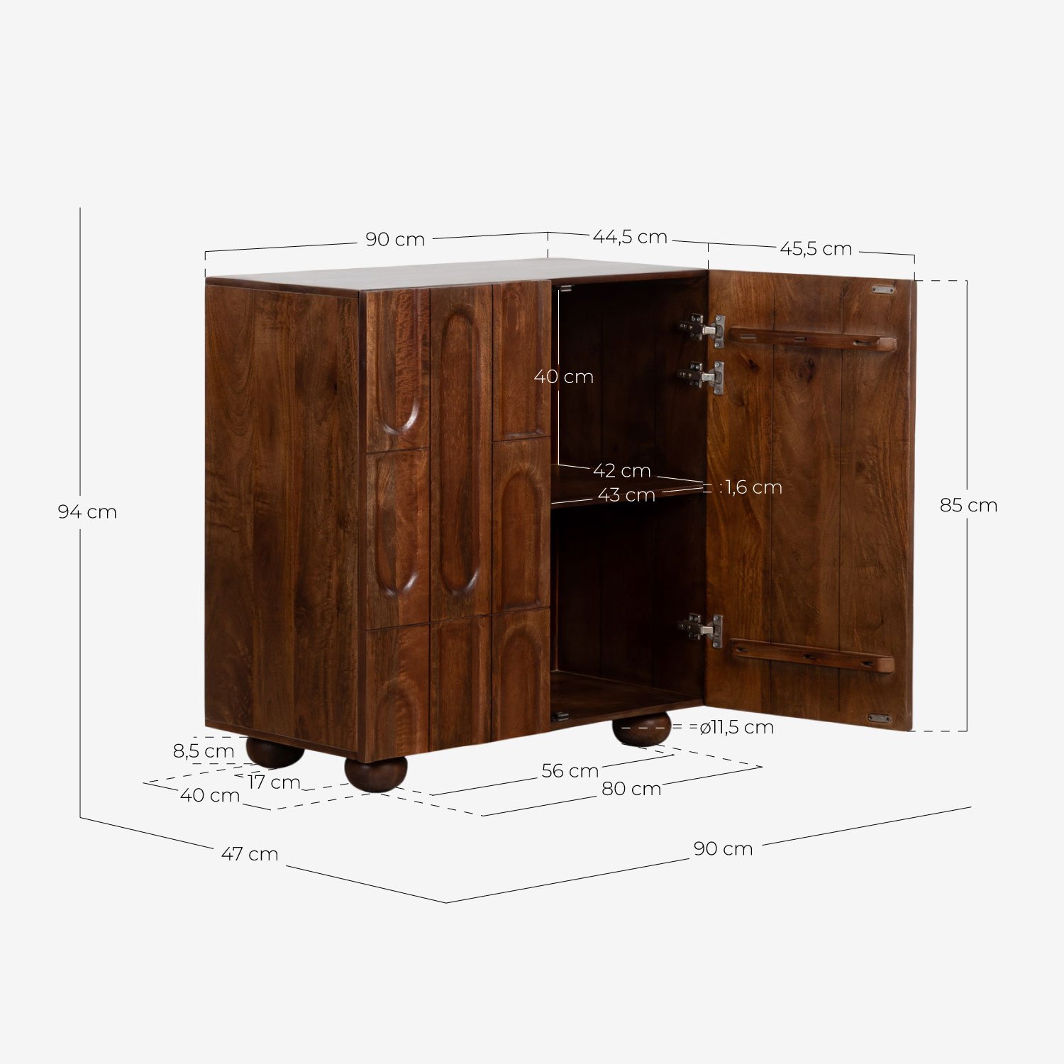 Niedriges Sideboard mit 2 Türen aus Mangoholz Even, Maße