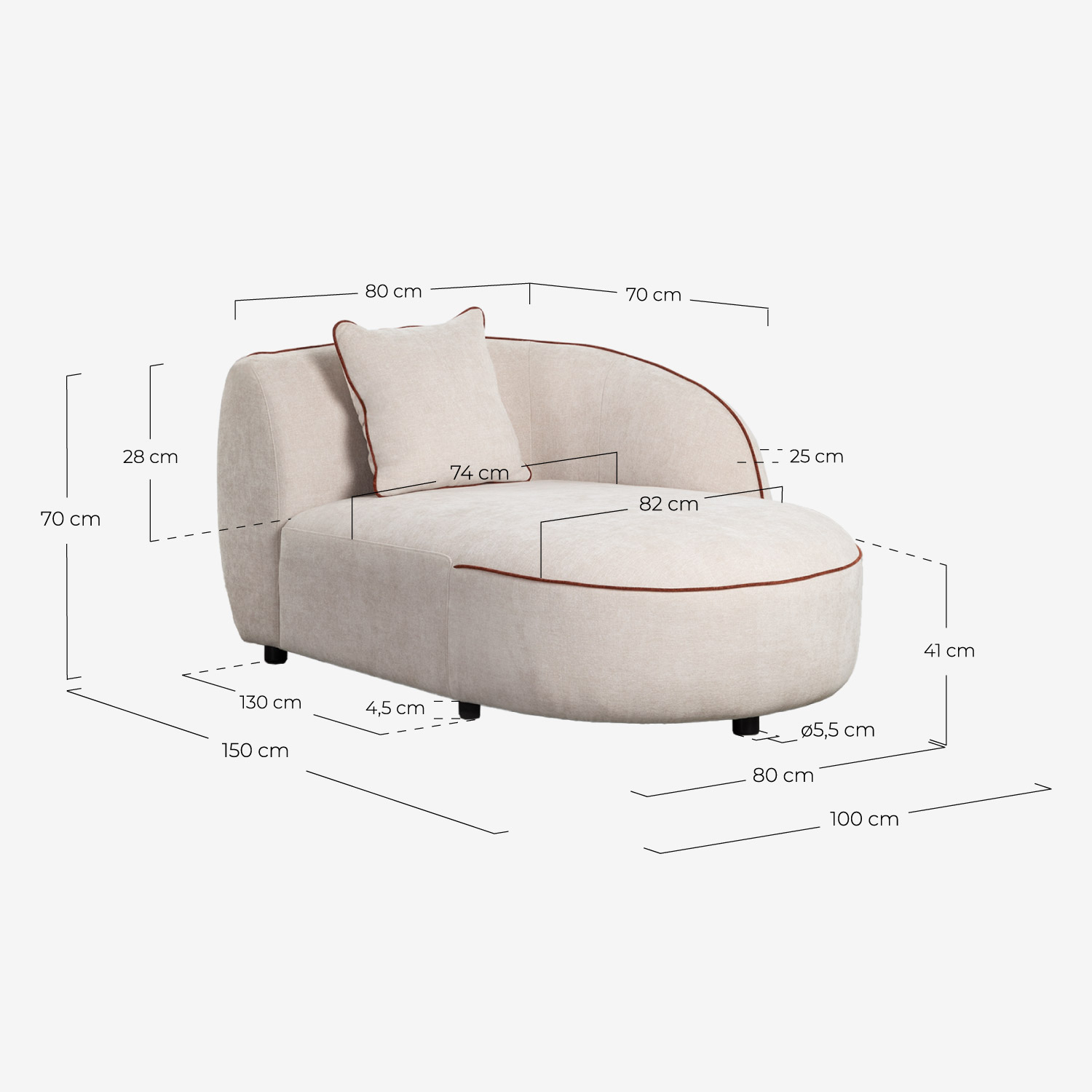 Modulares 3-teiliges Chaiselongue-Sofa mit 2 Sesseln und rundem Ilham-Stoffhocker, Maße