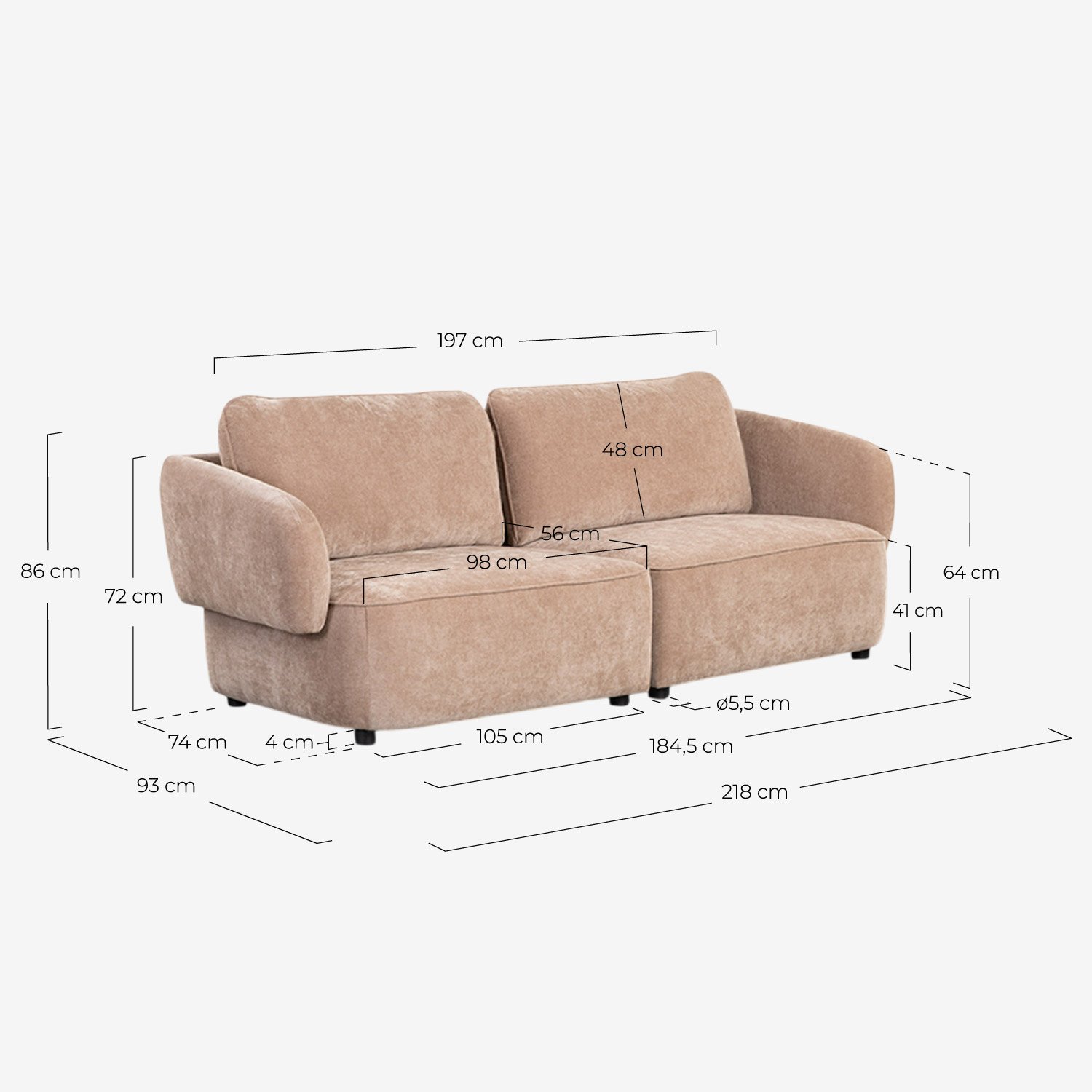 2-Sitzer-Sofa mit Stoffpouf Kino, Maße
