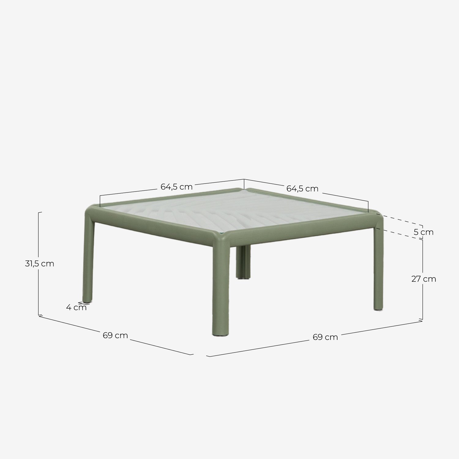 Quadratischer Couchtisch aus Polypropylen und Glas (69x69 cm) Meivy, Maße