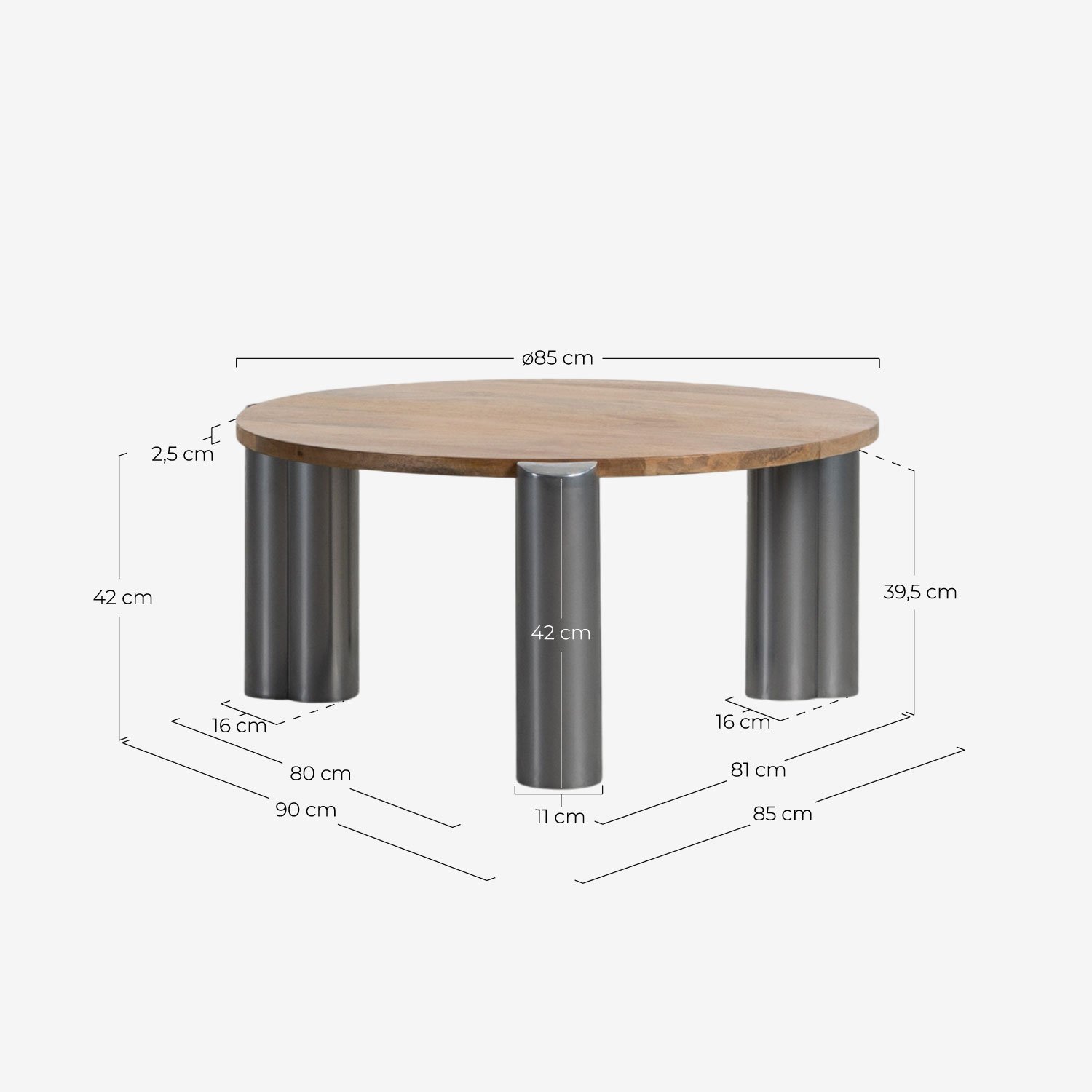 Runder Couchtisch mit Mangoholzplatte (Ø85 cm) Ethel, Maße