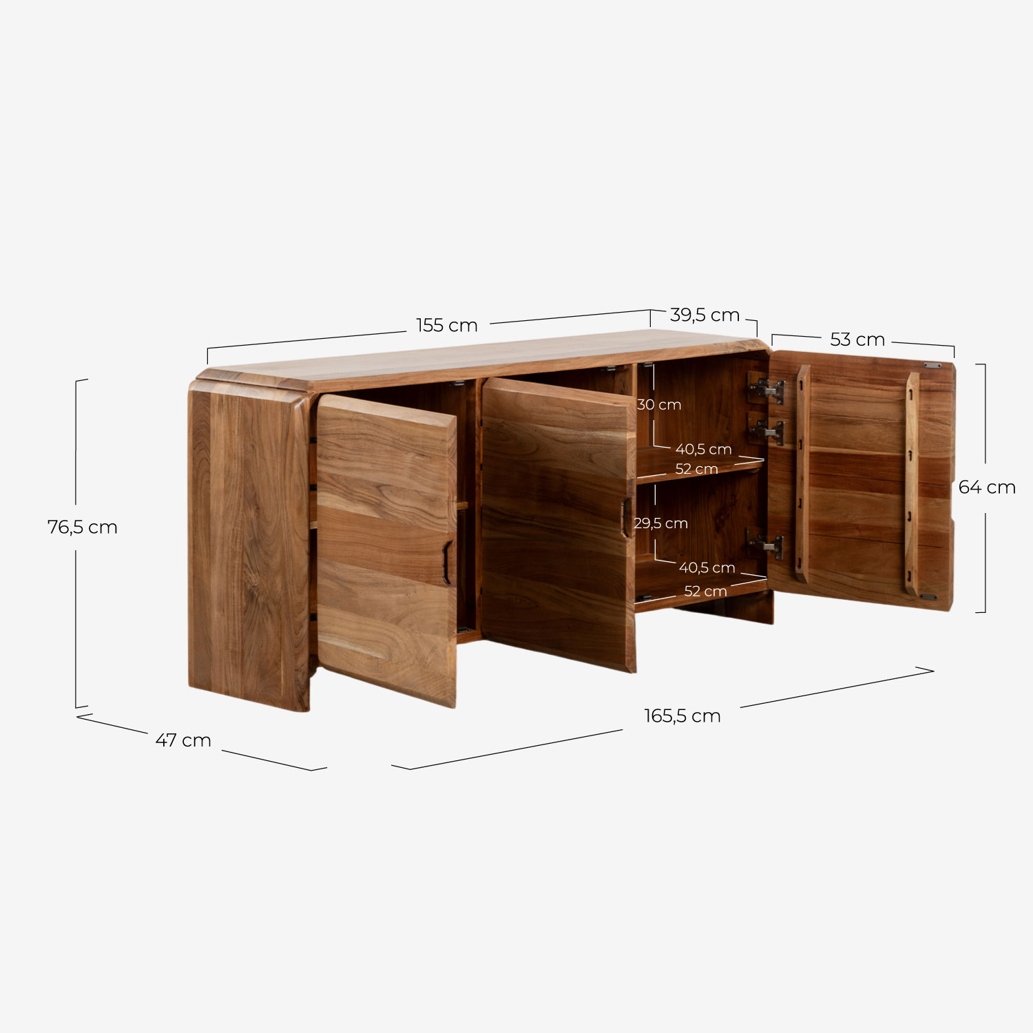 Niedriges Sideboard mit 3 Türen 165x47 cm aus Lucil-Akazienholz, Ma&szlig;e
