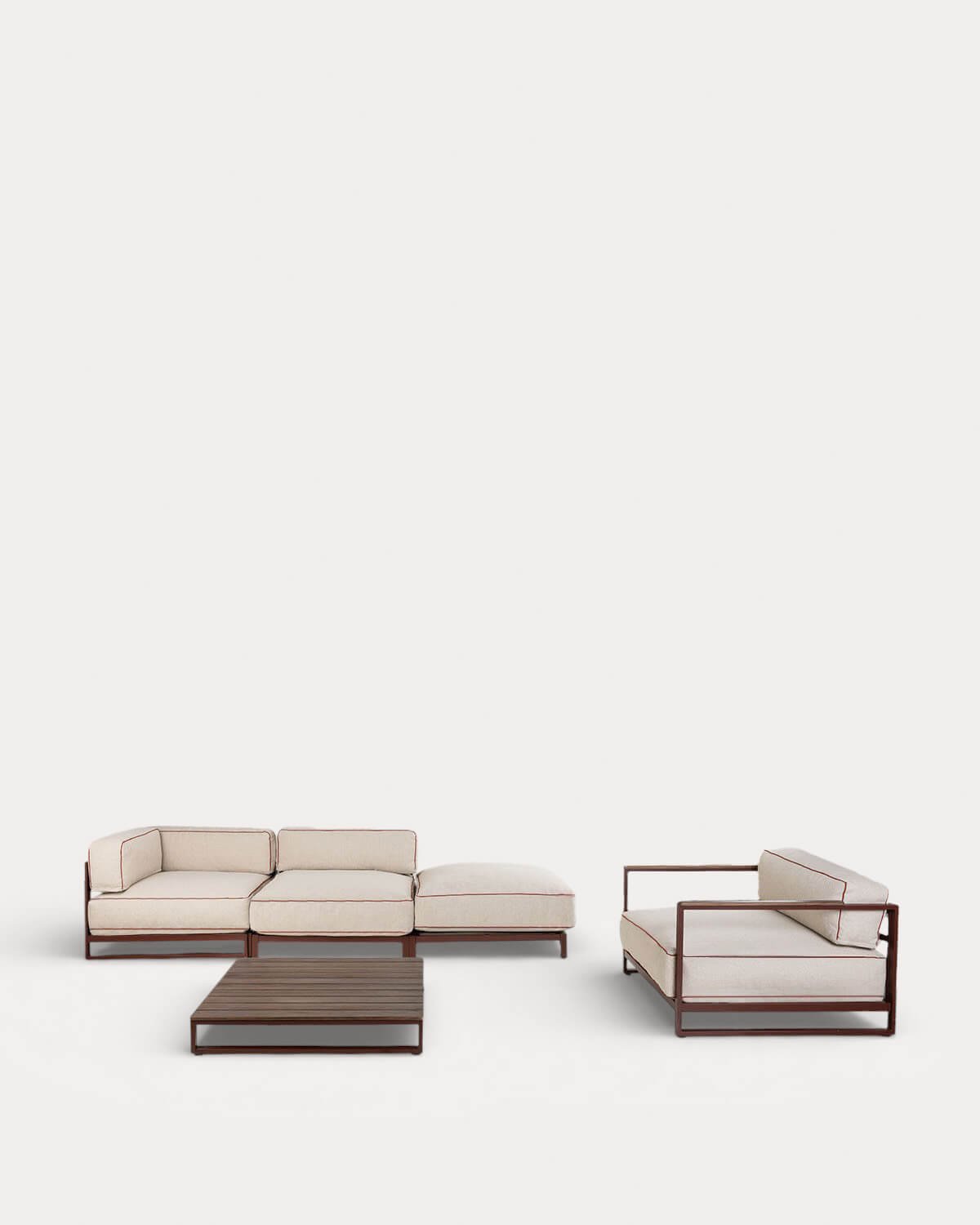 Gartenmöbel-Set mit Eckelement, Mittelelement, Pouf-Element, Sessel und Couchtisch aus Metall und Stoff Kristen