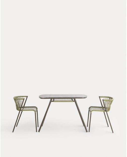 Ovaler Tisch (105x55 cm) und 2 Satzstühle aus Metall und synthetischem Rattan für den Außenbereich Paolo - Grün Nori