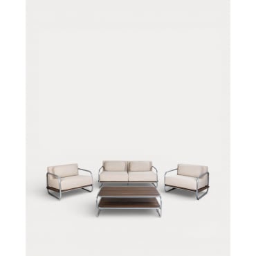Gartenmöbelset mit 2-Sitzer-Sofa, 2 Sesseln und Couchtisch aus Metall und Stoff Ahrus Beige Seashell - The Masie