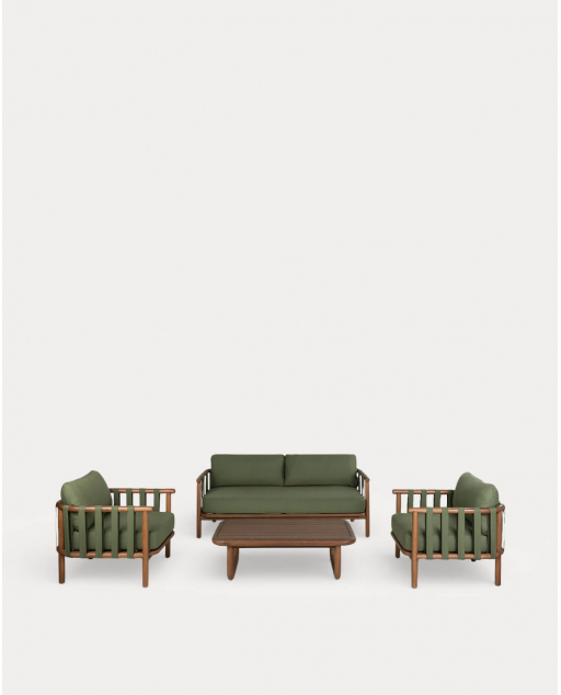 Gartenmöbelset bestehend aus 2-Sitzer-Sofa, 2 Tauli-Sesseln und Elnes-Couchtisch aus Eukalyptusholz und Stoff - Grün Nori