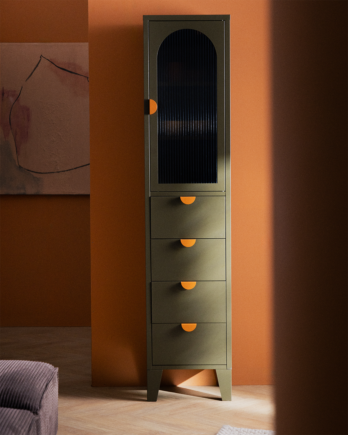 Vitrine mit 1 Tür und 4 Schubladen 180x40 cm Stahl- und Glasverbundwerkstoff Andrius, Galeriebild 2
