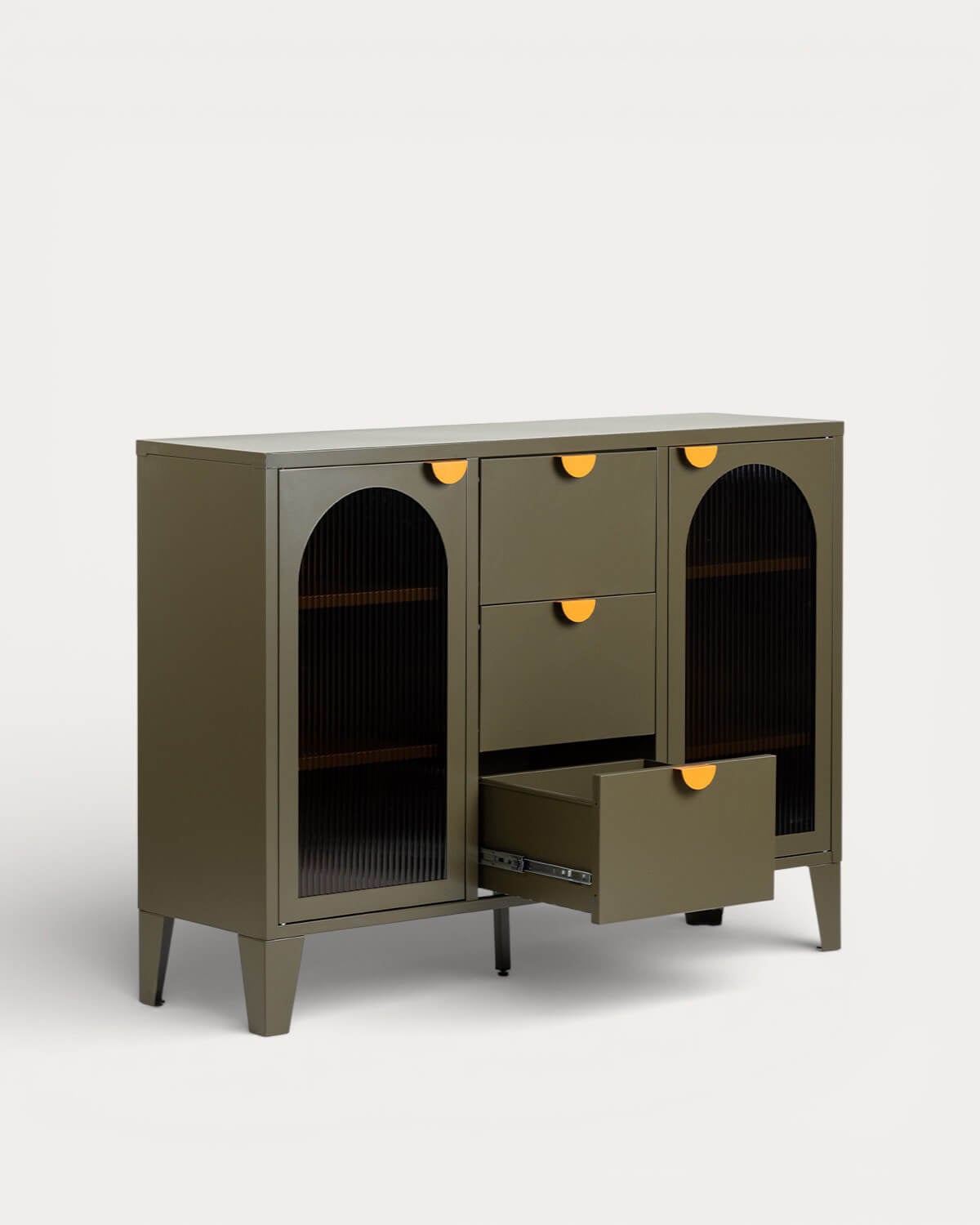 Sideboard niedrig mit 2 Türen und 3 Schubladen 120x35 cm Stahl-Glas-Verbundwerkstoff Andrius, Galeriebild 5