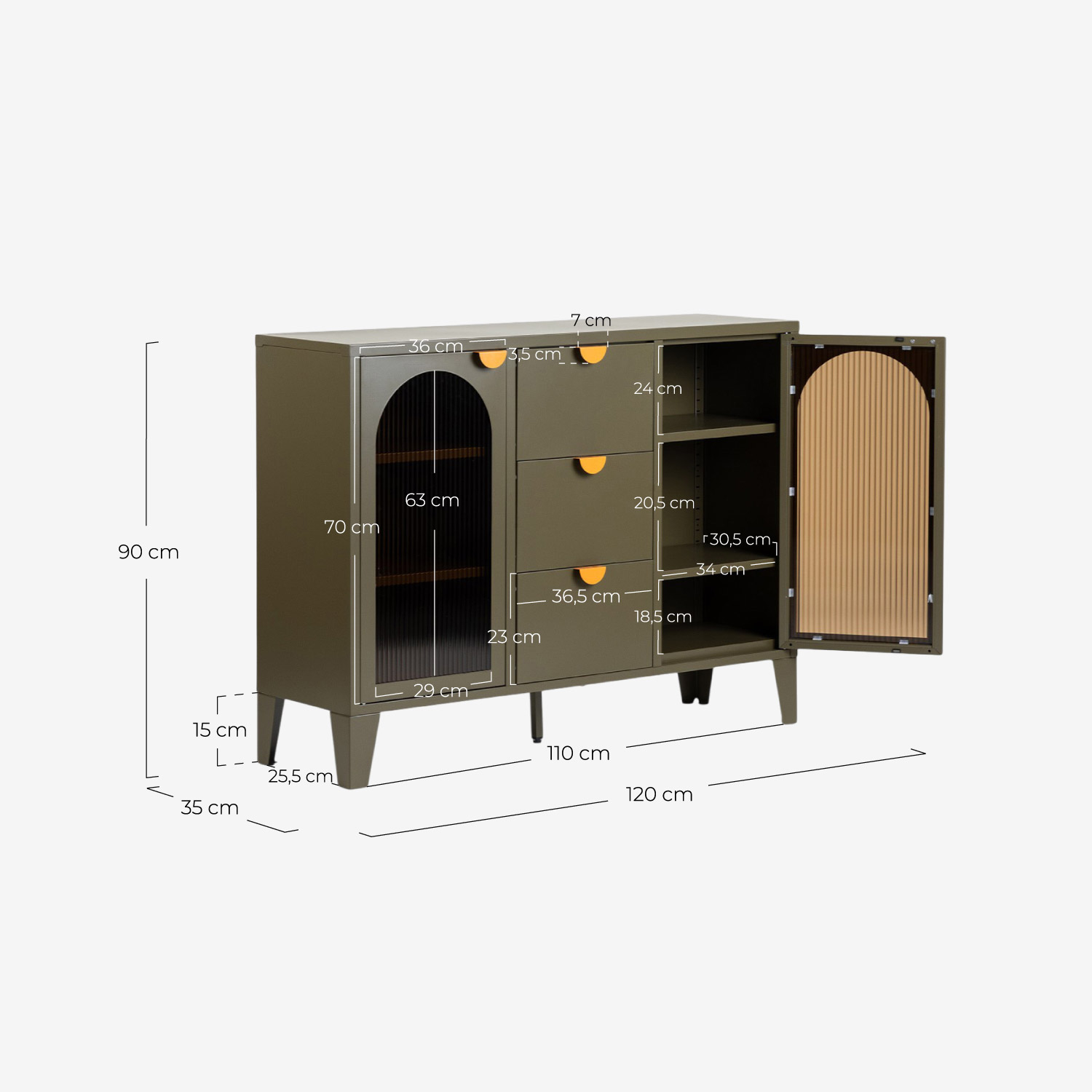Sideboard niedrig mit 2 Türen und 3 Schubladen 120x35 cm Stahl-Glas-Verbundwerkstoff Andrius, Ma&szlig;e