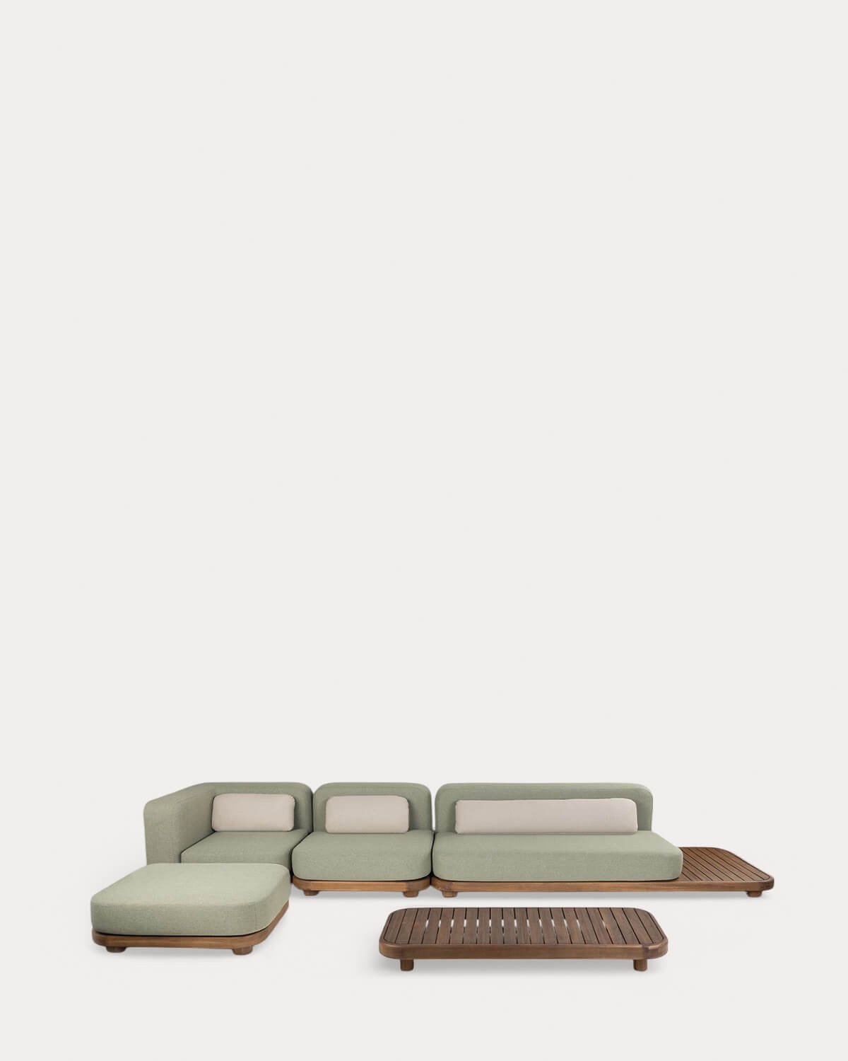 Gartenmöbel-Set mit Sofamodul, Mittelsofa, Ecksofa, Hocker und Couchtisch aus Akazienholz und Stoff Redik