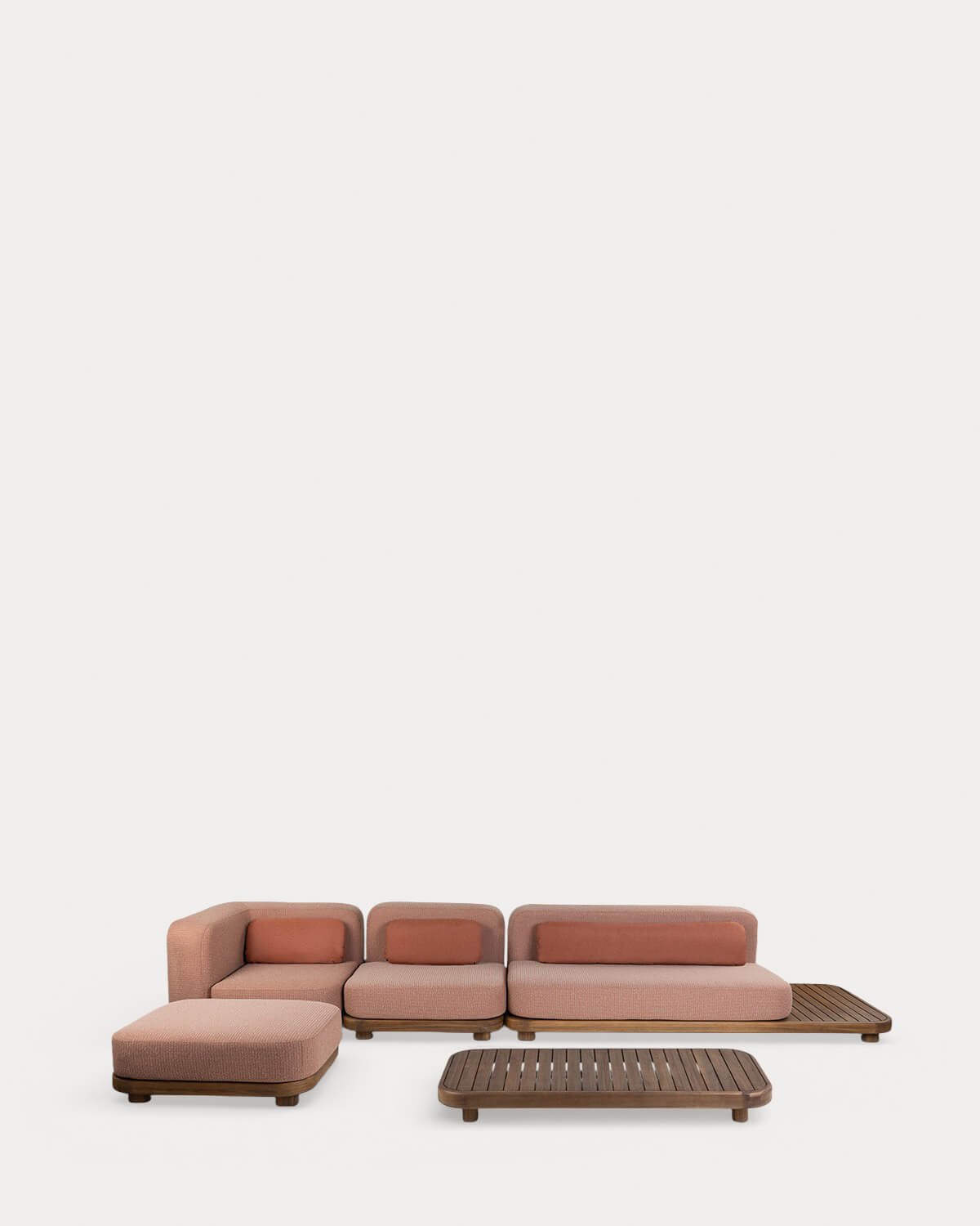 Gartenmöbel-Set mit Sofamodul, Mittelsofa, Ecksofa, Hocker und Couchtisch aus Akazienholz und Stoff Redik, Galeriebild 1