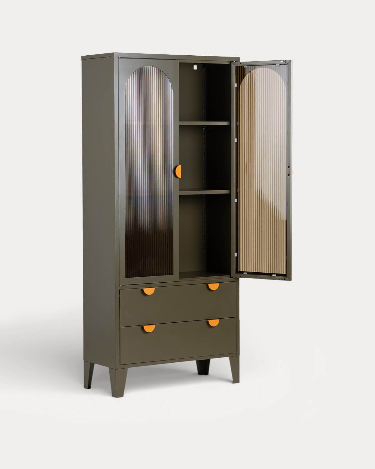 Hohes Sideboard mit 2 Türen und 2 Schubladen aus laminiertem Stahl und Glas Andrius, Galeriebild 5