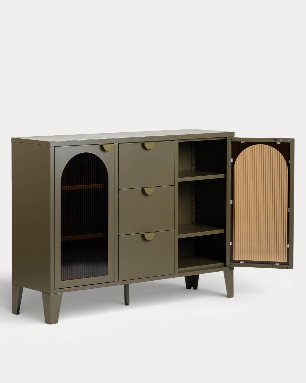 Sideboard niedrig mit 2 Türen und 3 Schubladen 120x35 cm Stahl-Glas-Verbundwerkstoff Andrius, Galeriebild 4