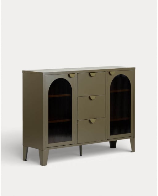 Andrius Sideboard (niedrig) mit 2 Türen und 3 Schubladen, Stahl- und Glaslaminat