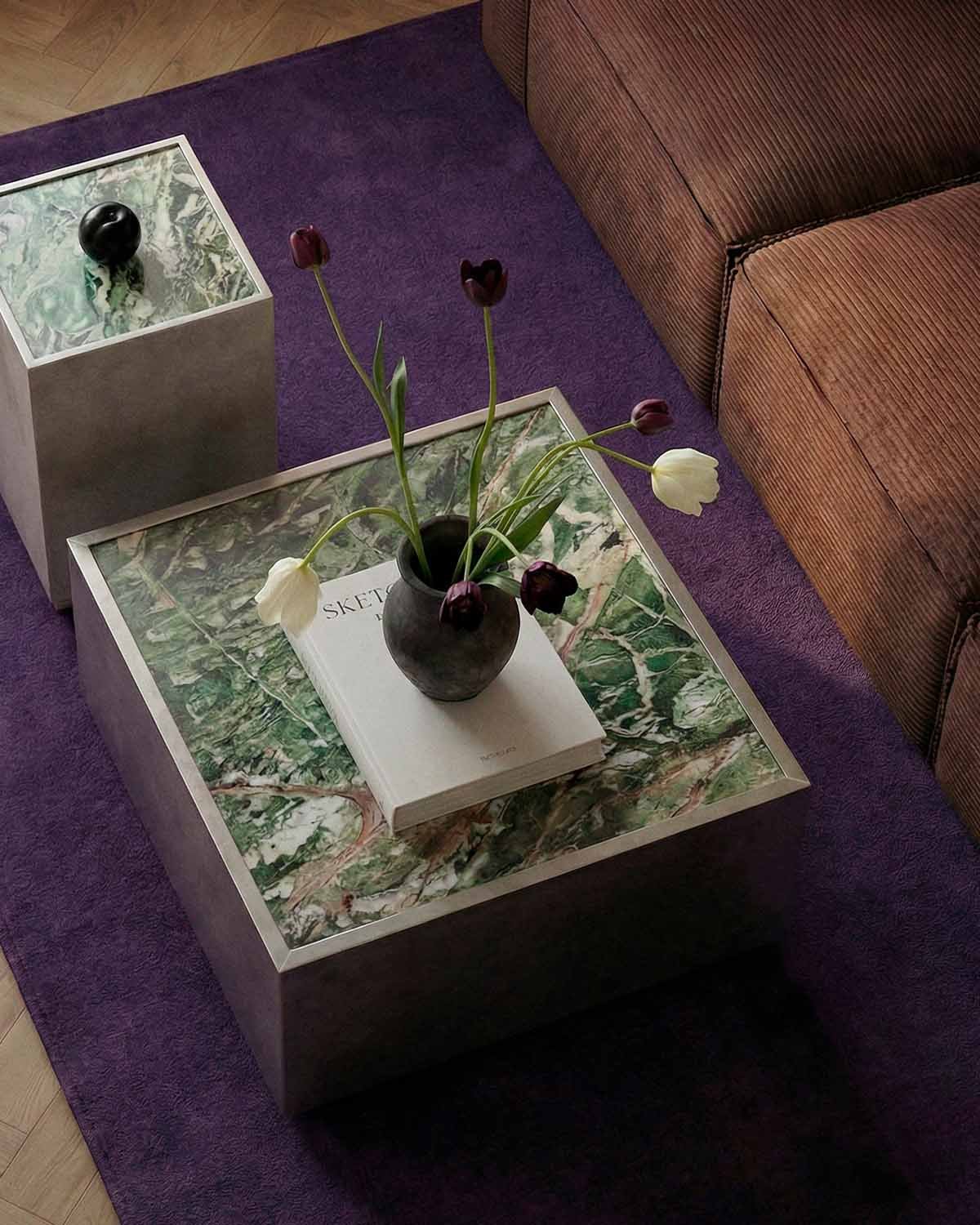 Quadratischer Couchtisch aus Edelstahl und Marmor (80x80 cm) Imogen, Galeriebild 3