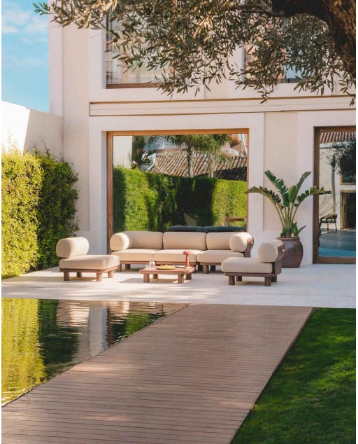 Gartenmöbelset mit 3 Mittelmodulen, 2 Eckmodulen und Couchtisch aus Aluminium und Stoff Lantana