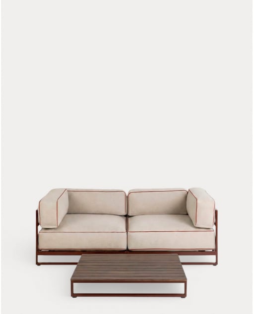 Gartenmöbelset mit 2 Eckmodulen und Couchtisch aus Metall und Stoff Kristen - Beige Seashell