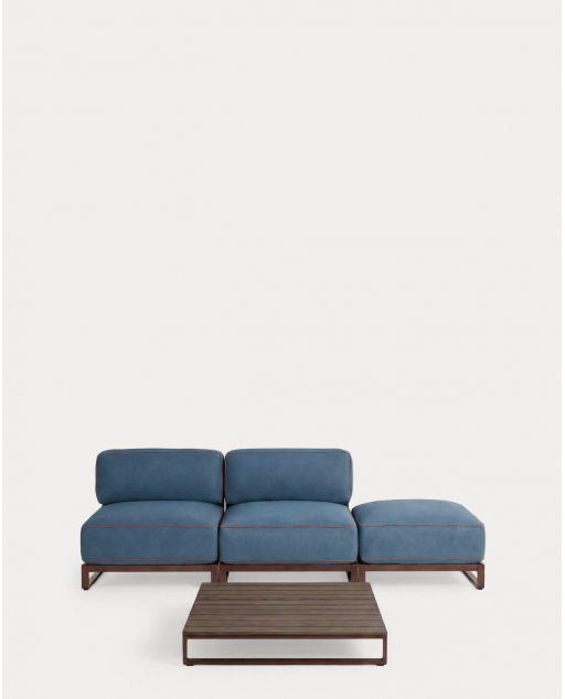 Garten-Set mit 2 Mittelmodulen, Poufmodul und Couchtisch aus Metall und Stoff Kristen - Blau Silvery