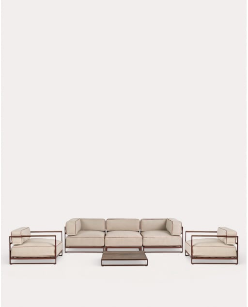 Gartenmöbel-Set mit 2 Eckmodulen, Mittelmodul, 2 Sesseln und Couchtisch aus Metall und Stoff Kristen