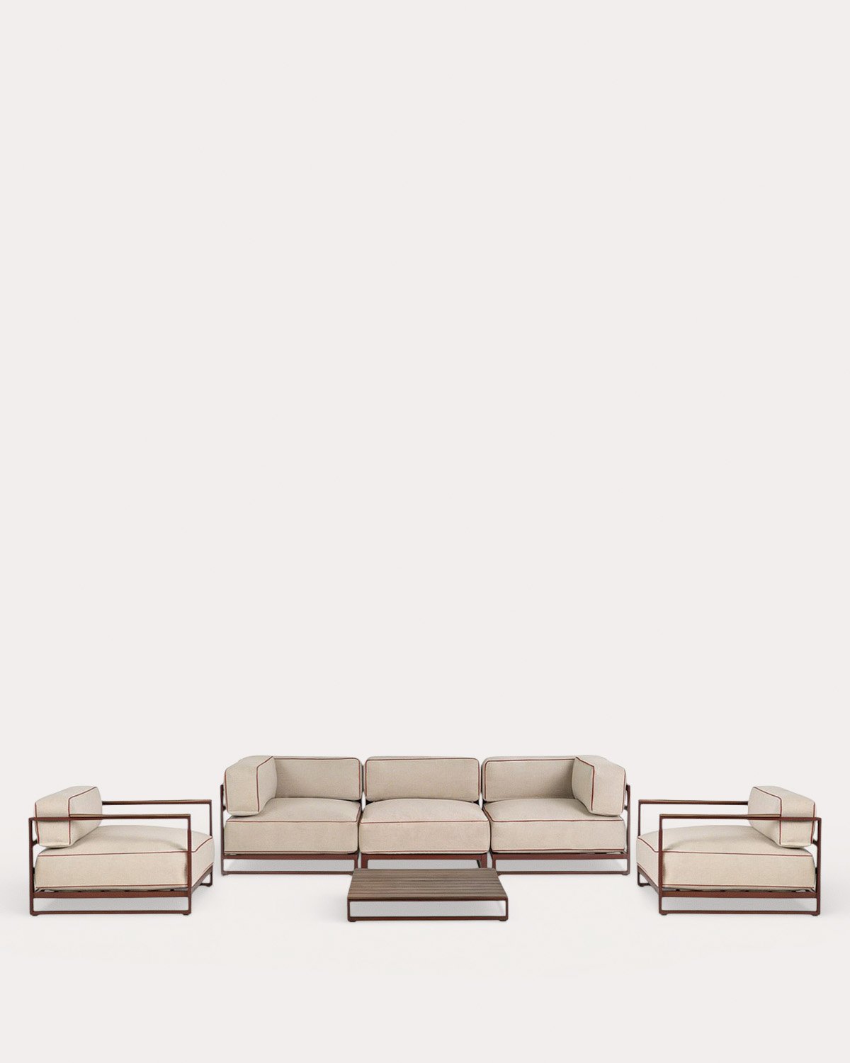 Gartenmöbel-Set mit 2 Eckmodulen, Mittelmodul, 2 Sesseln und Couchtisch aus Metall und Stoff Kristen, Galeriebild 1