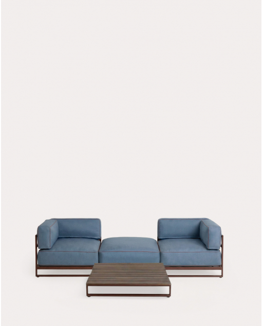 Garten-Set mit 2 Eckmodulen, Poufmodul und Couchtisch aus Metall und Stoff Kristen - Blau Silvery