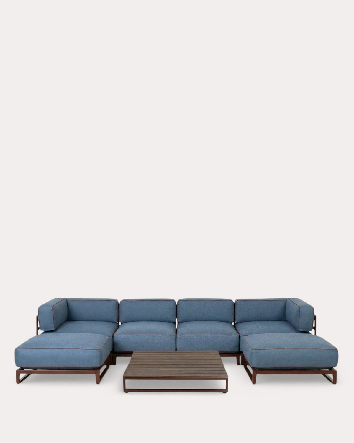 Gartenmöbelset mit 2 Eckelementen, 2 Mittelelementen, 2 Pouf-Elementen und einem Couchtisch aus Metall und Stoff Kristen