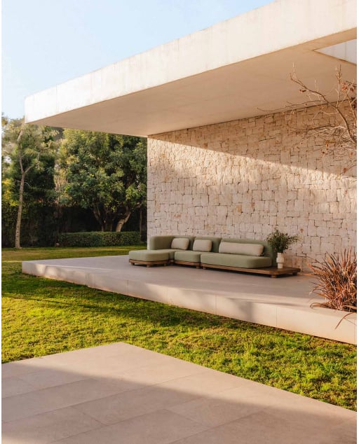 3-teiliges Modulares Gartensofa-Set Sofa-Modul, Mittelmodul, Eckmodul mit Akazienholz- und Stoff-Ottomane Redik