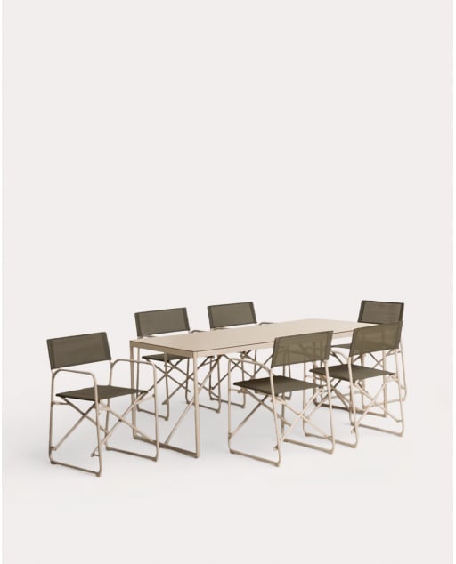 Rechteckiges Tischset (185x85 cm) und 6 Metall- und Stoff-Gartenstühle Bowye