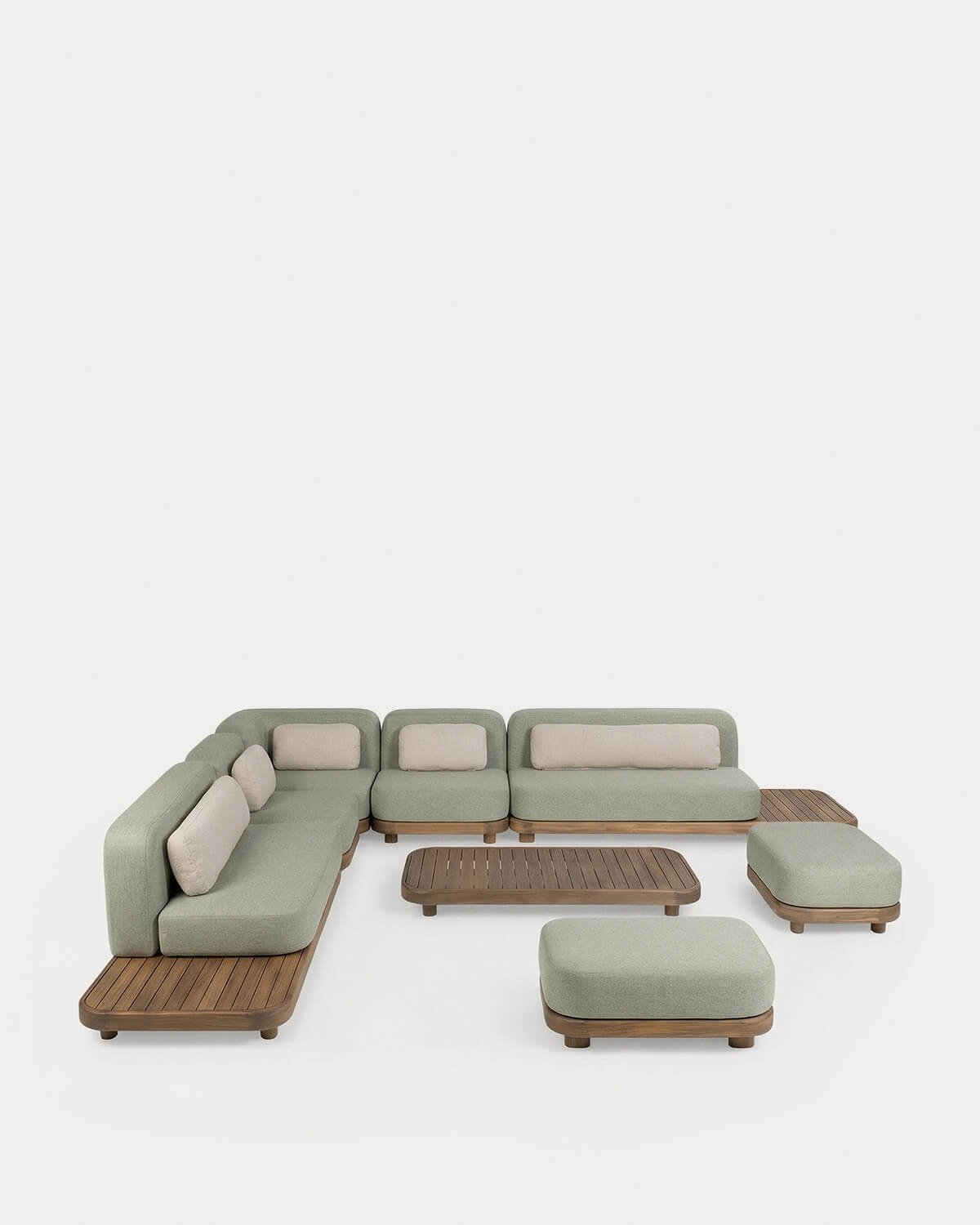 7-teiliges Gartenmöbelset Sofa, Mittelsofa, Ecksofa, Hocker und Couchtisch aus Akazienholz und Stoff Redik, Galeriebild 1